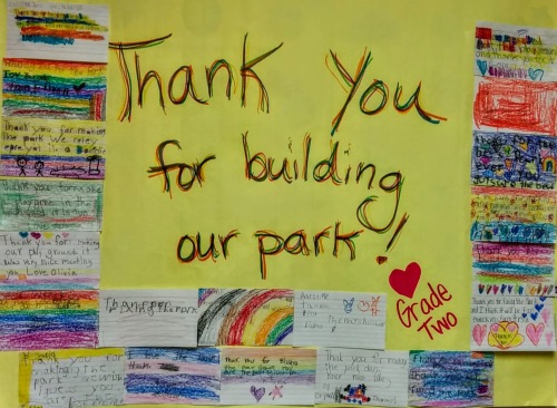 poster from 2nd grade class saying "thank you for building our park!"